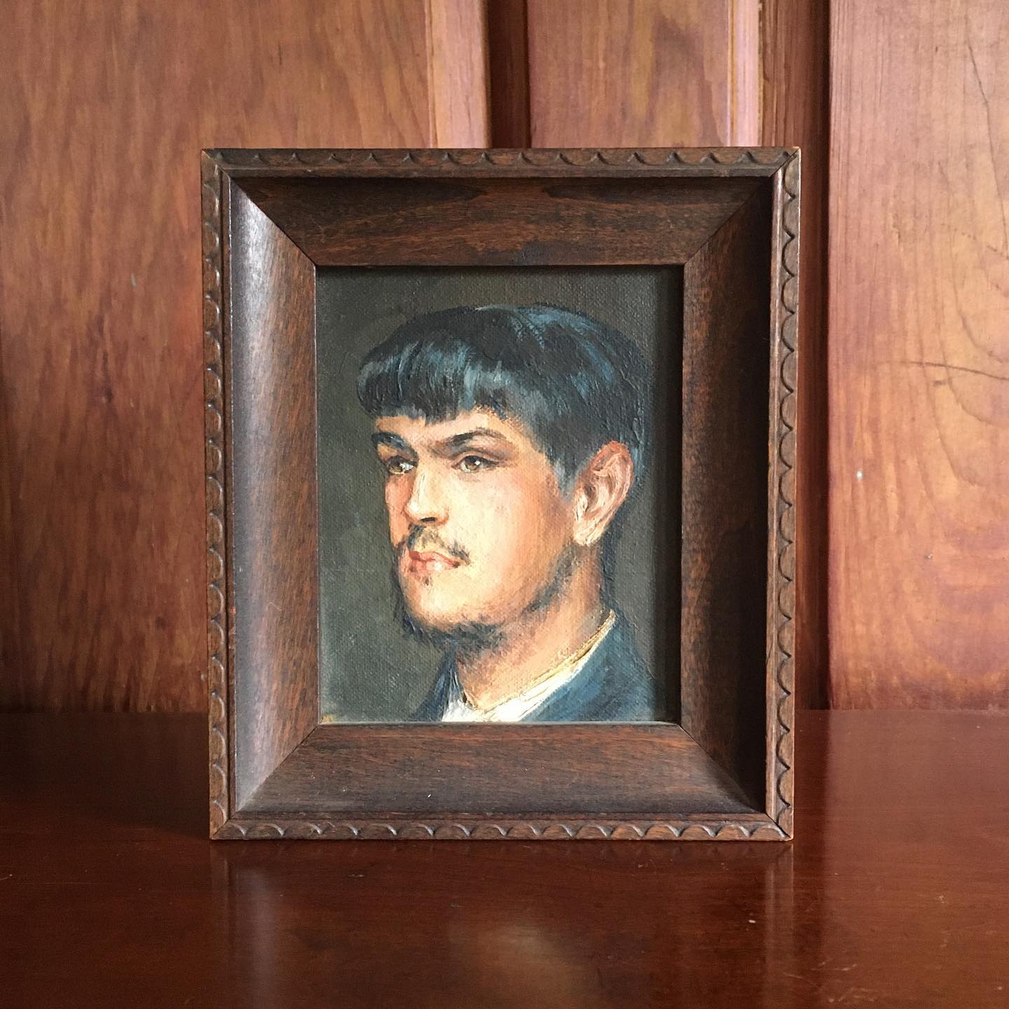 Tiny Painting Oil on Canvas of Bearded Male Youth c. 1920 1930