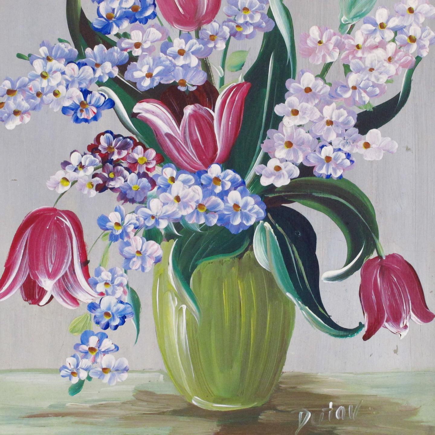 Dutav Signed Still Life of Tulips and Lilacs, c. 1950, very Dorothy Draper