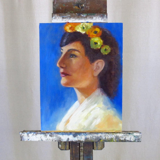 Portrait Oil on Board of Woman with Flowers in her Hair, c. 1970