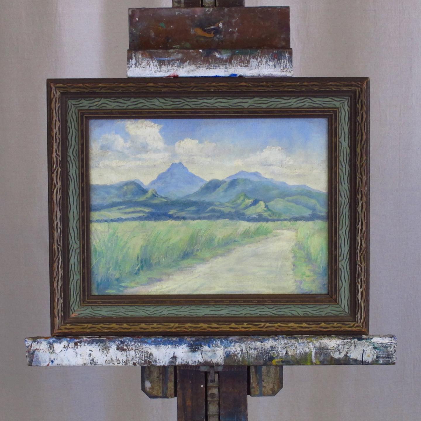 Camille Kufferath Signed Painting, Mountain and Meadow American Regionalist Landscape, c. 1920 in period frame