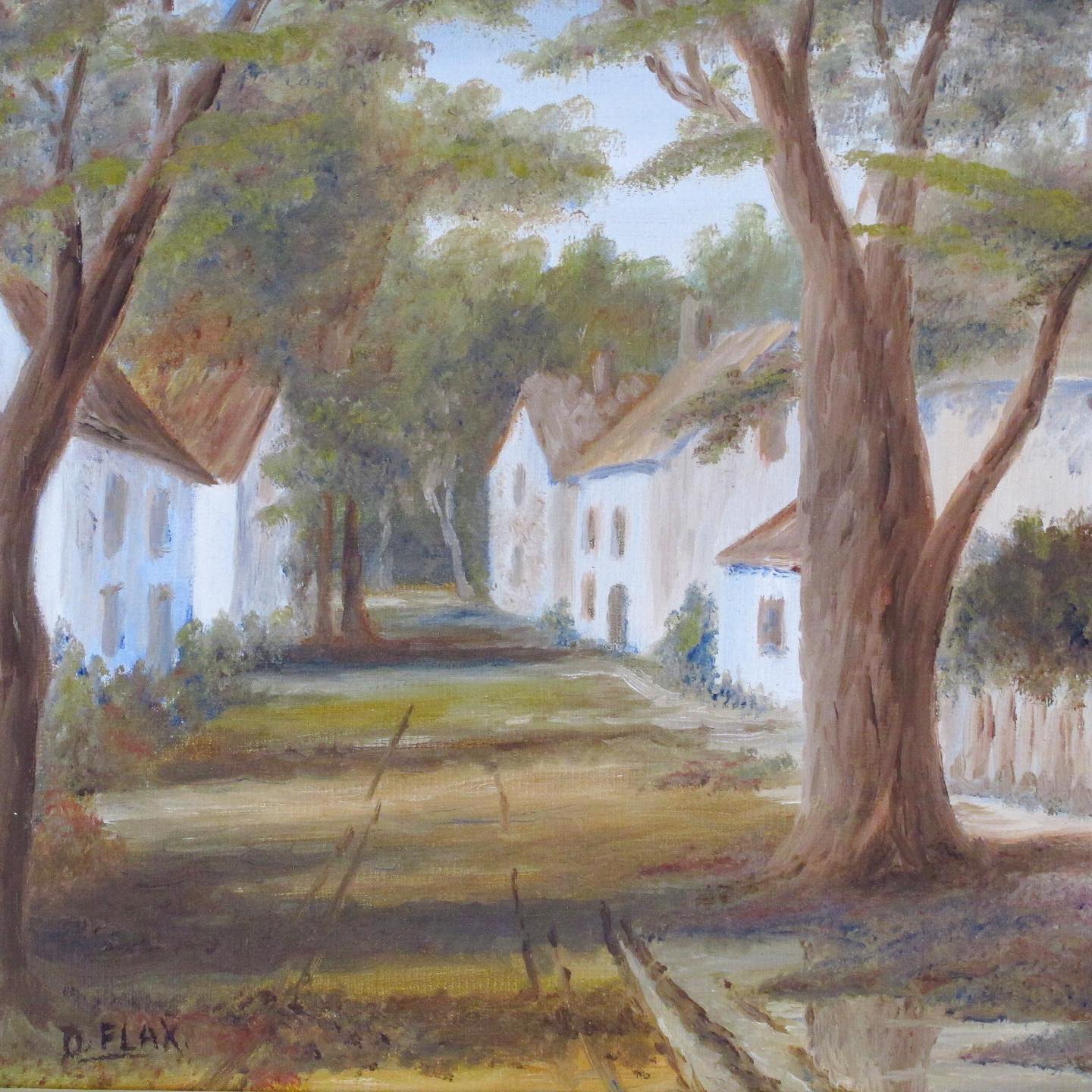 Oil Painting on Board, signed D. Flax depicting a Townscape or Village of Cottages, dated 1976