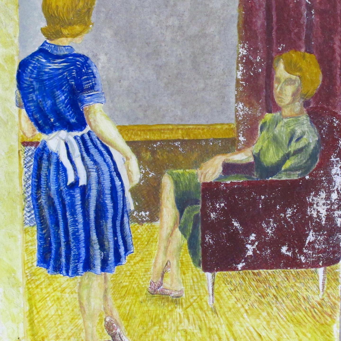Egg Tempera 1950s Figure Study of Two Women, French c. 1950s