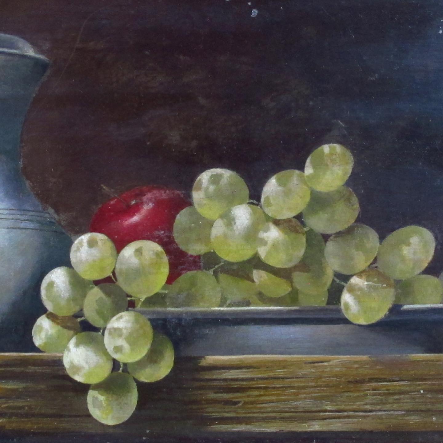 AV Signed French Trompe l'Oeil Still Life Painting on Board of Grapes,and Apple, Pewter, Wooden Tabletop, c. 1920