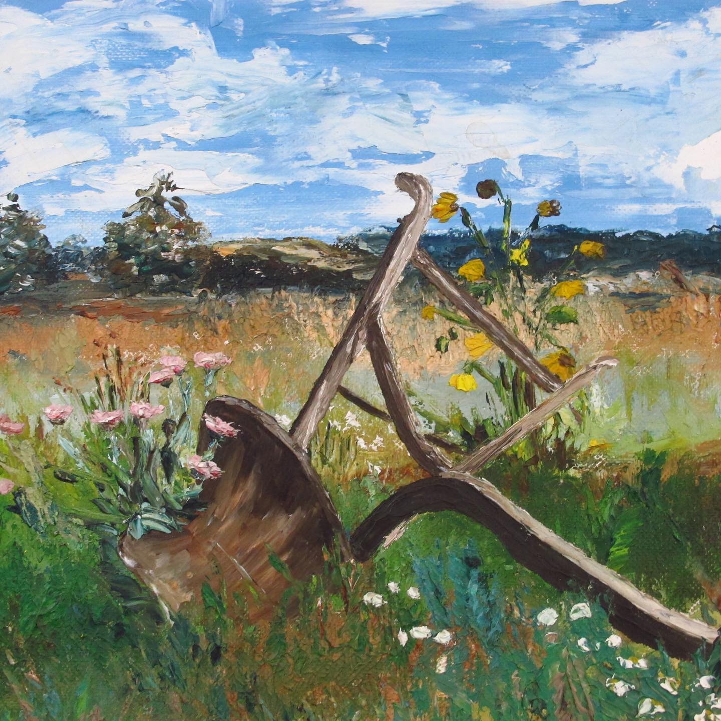 Masterful Oil on Canvas Landscape with Plow, Overgrown Field with Wildflowers, thickly applied in the manner of American Impressionism, c. 1950