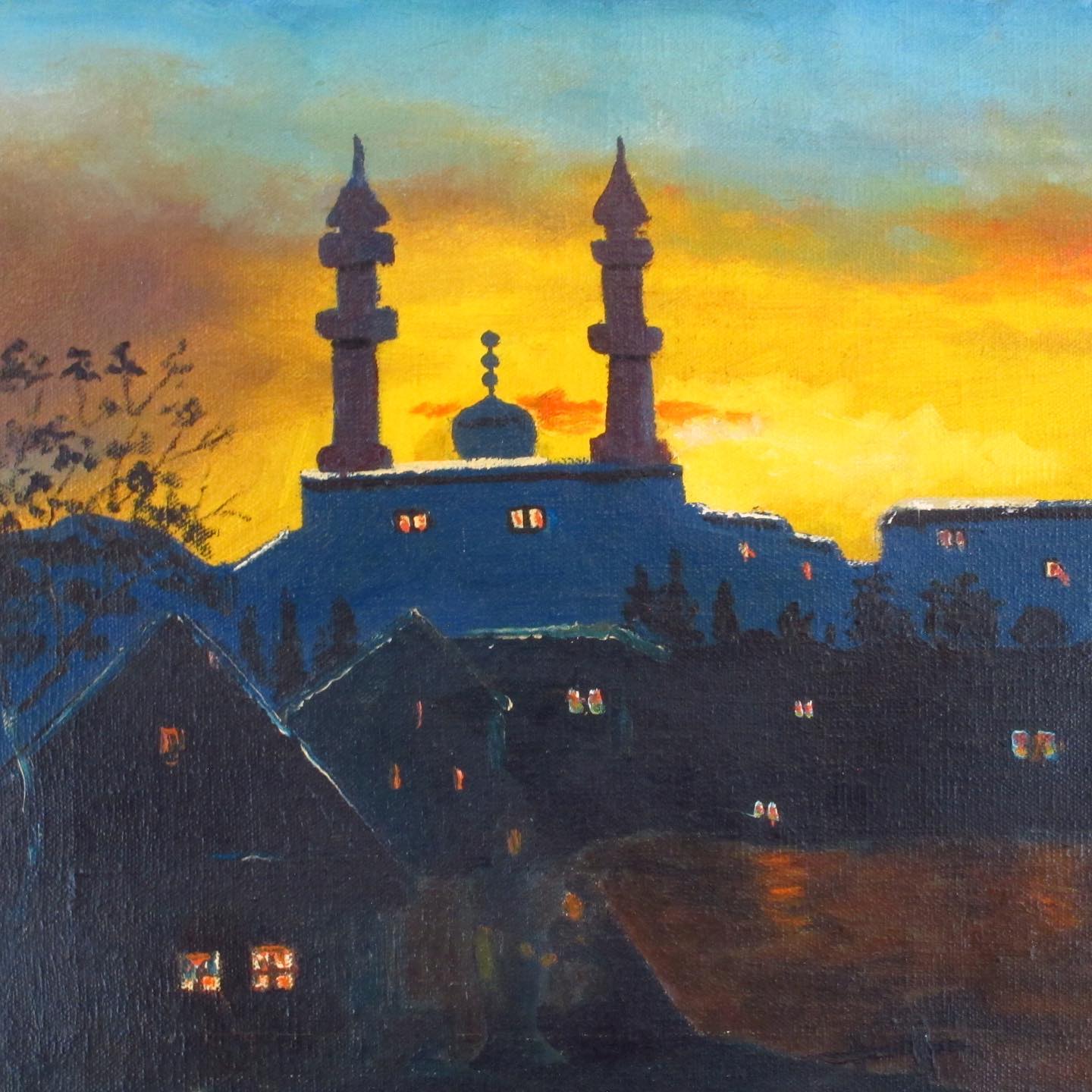 Oil on Canvas Painting, Lisa Signed Cityscape with Mosque at Twilight c. 1970