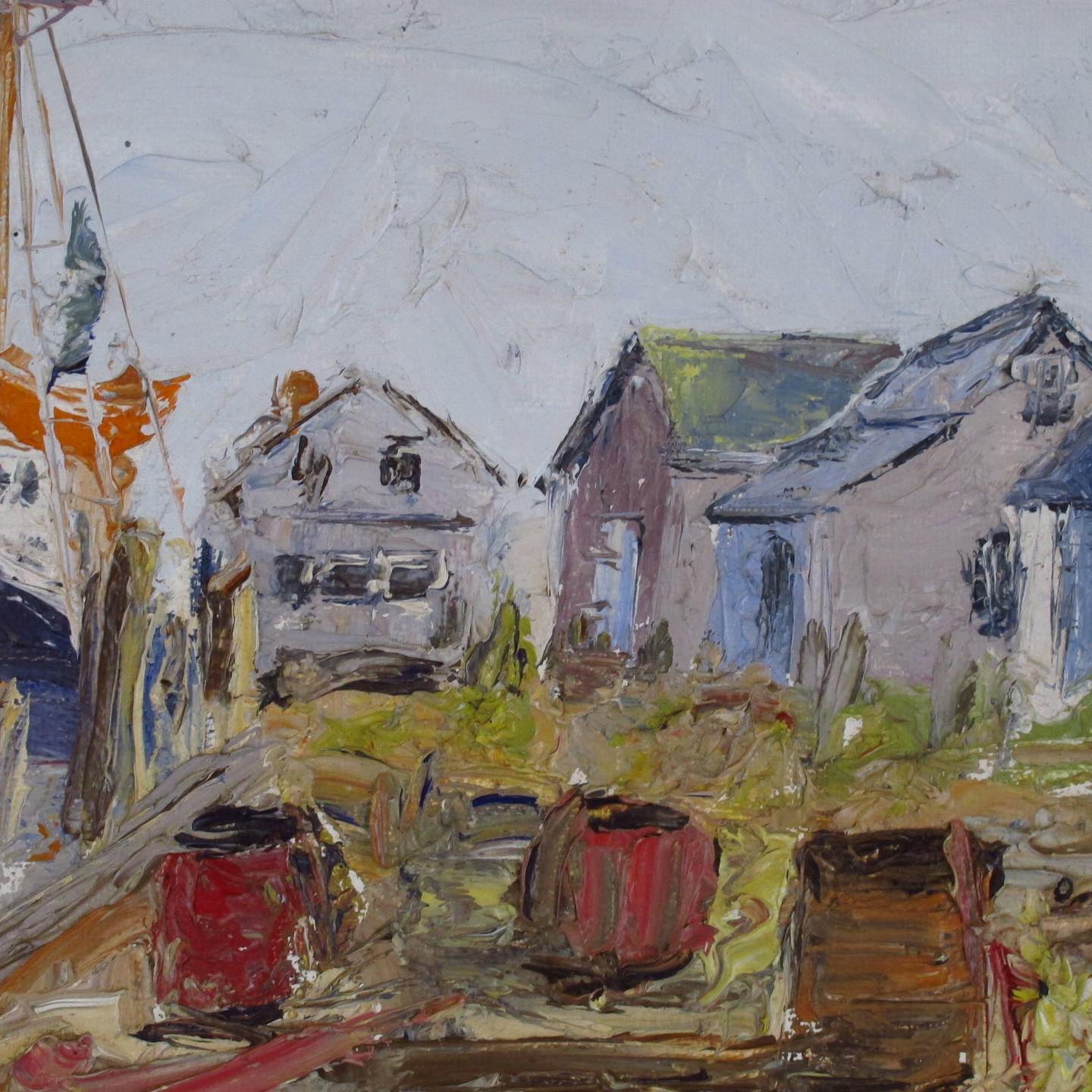 Oil painting on board, artist signed D. Entwistle, Harbor Scene at Low Tide, c. 1950