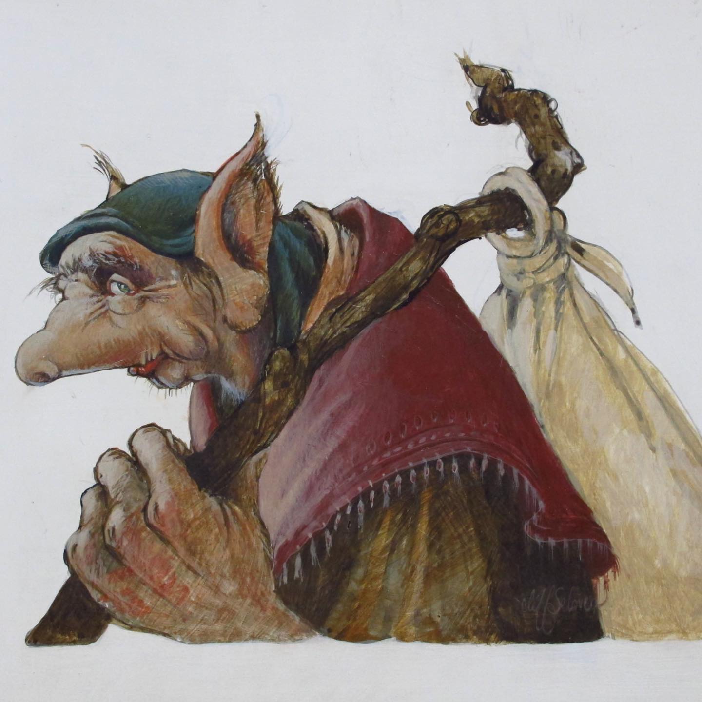 Egg Tempera Fantasy Illustration Portrait of an Ogre or Troll with Knapsack c. 1980