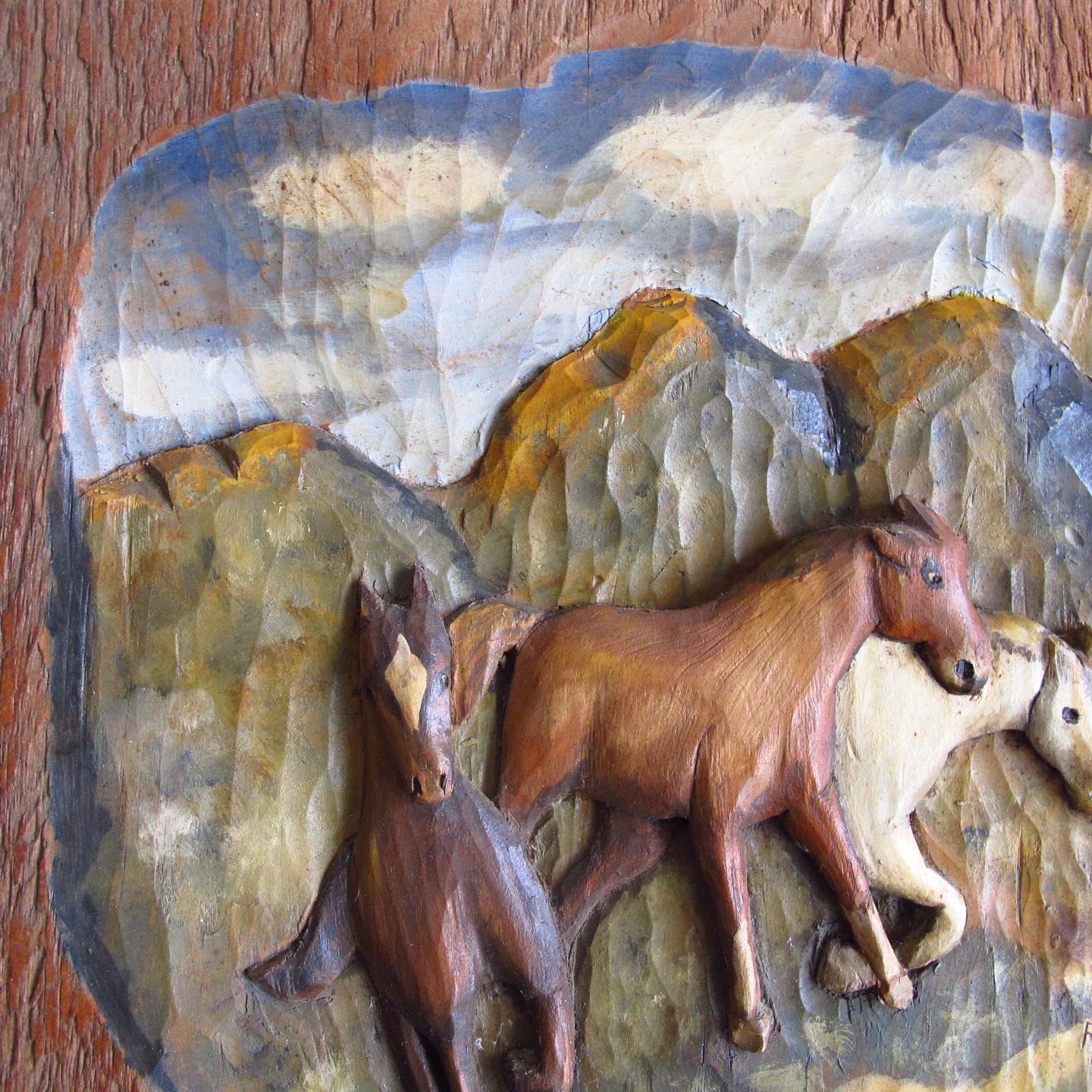 Polychrome Wild Horse Handcarved American Folk Art Wooden Relief, c. 1940