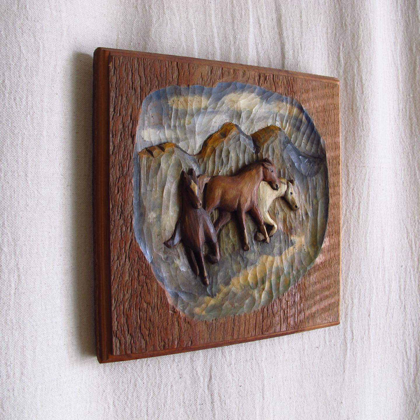 Polychrome Wild Horse Handcarved American Folk Art Wooden Relief, c. 1940