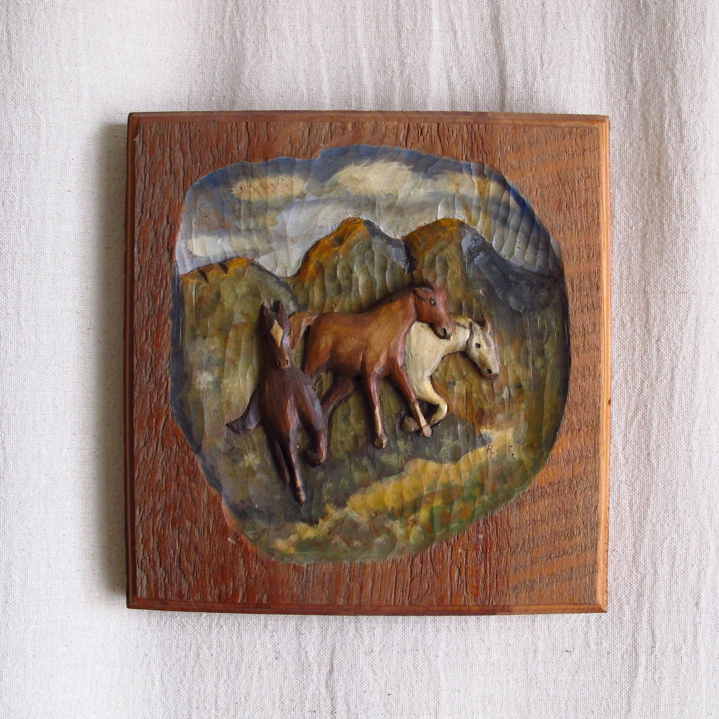 Polychrome Wild Horse Handcarved American Folk Art Wooden Relief, c. 1940