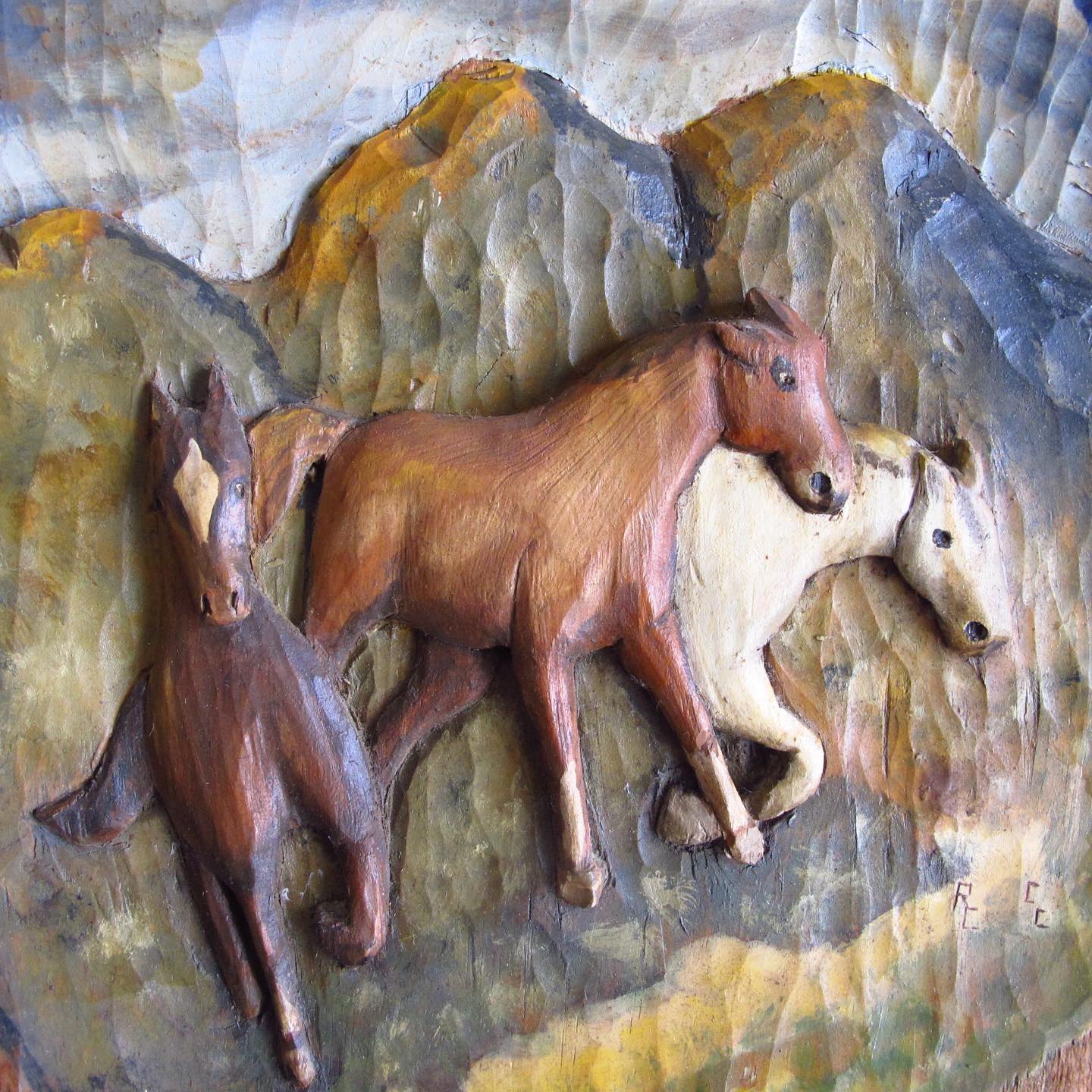 Polychrome Wild Horse Handcarved American Folk Art Wooden Relief, c. 1940