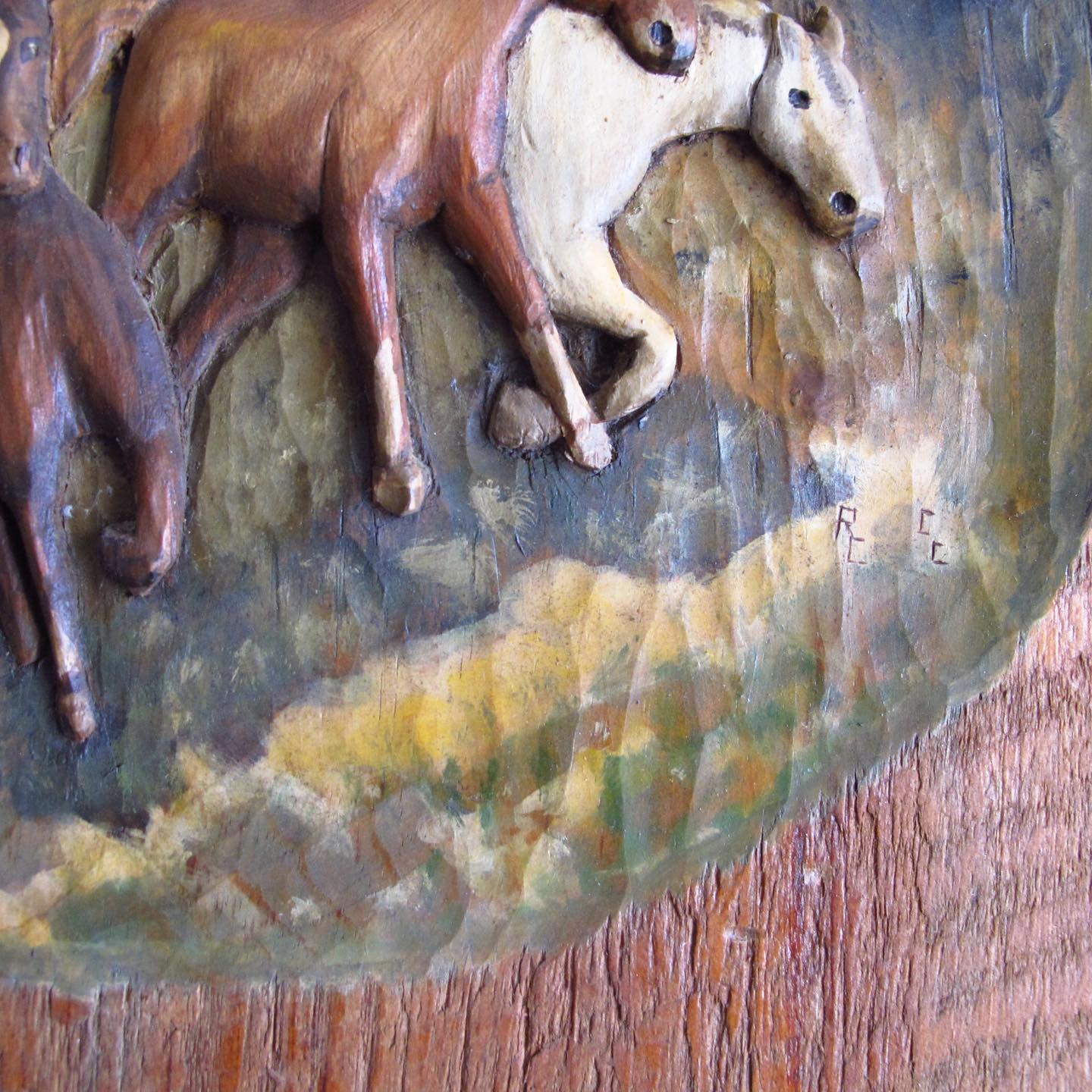 Polychrome Wild Horse Handcarved American Folk Art Wooden Relief, c. 1940