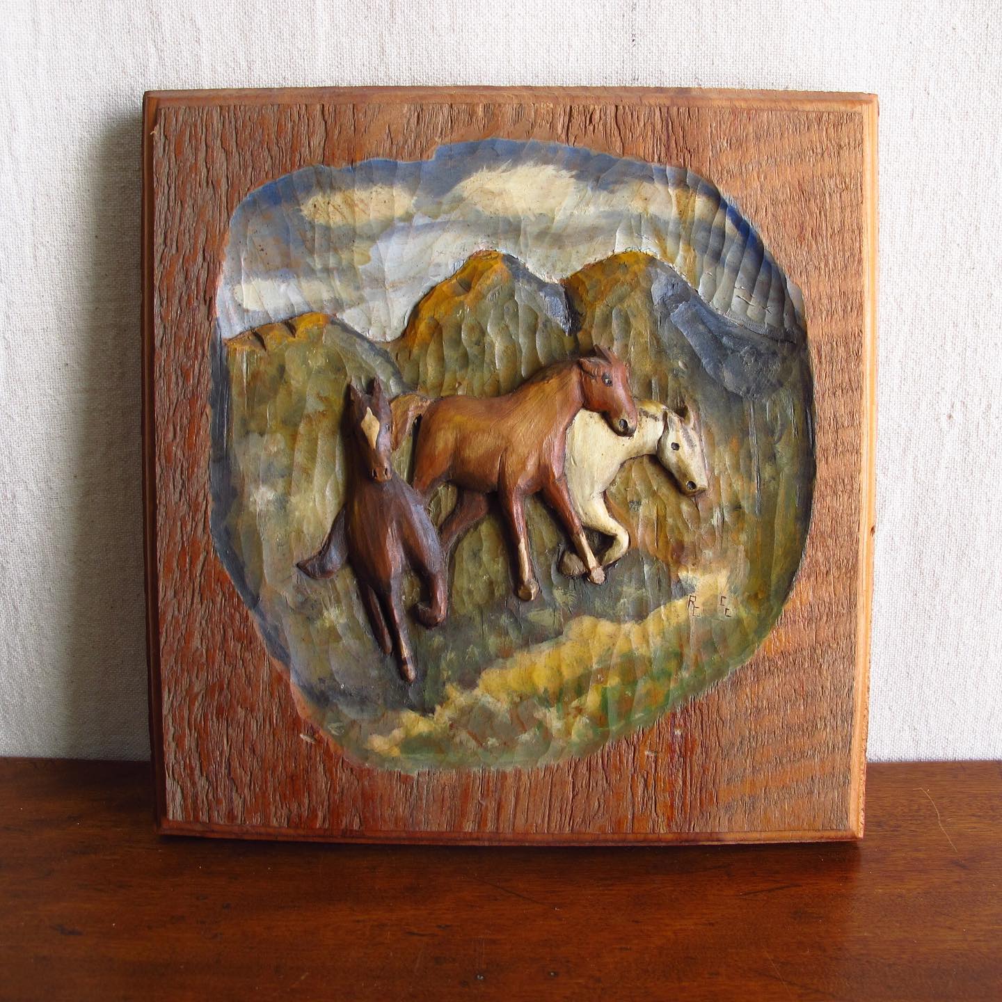 Polychrome Wild Horse Handcarved American Folk Art Wooden Relief, c. 1940