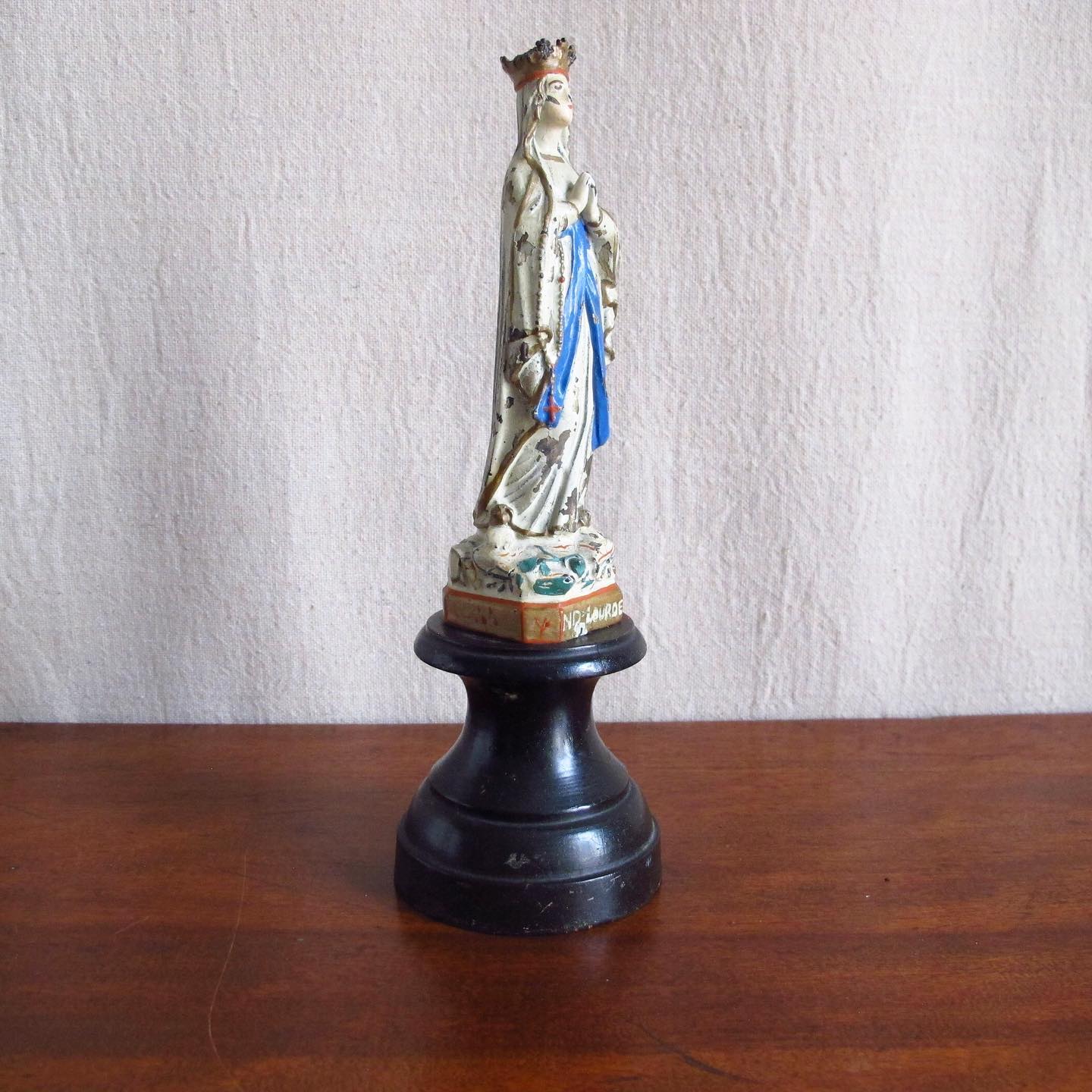 Polychrome over Spelter Madonna “Our Lady of Lourdes” Souvenir with Wooden Plinth, c. 1890 1900