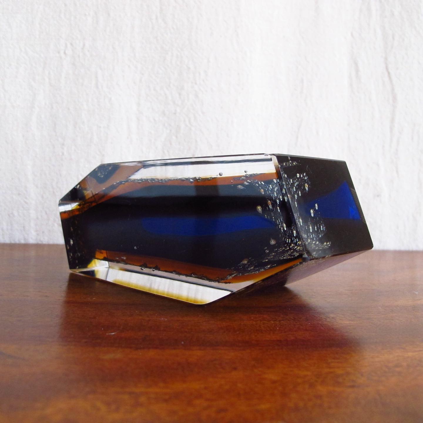 1970s Italian Art Glass Vase (or possibly bowl), Faceted Geometric with Blue and Amber and Clear Glass