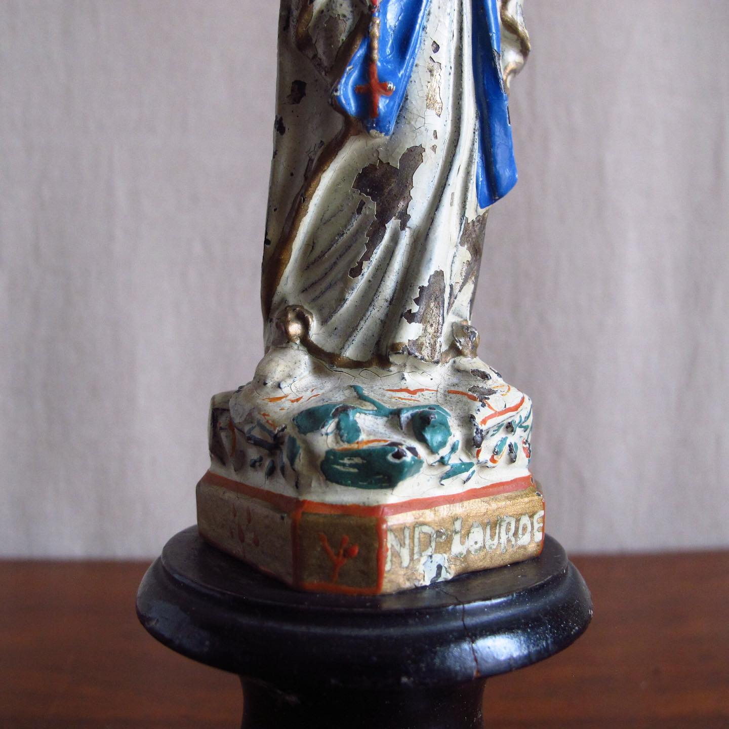 Polychrome over Spelter Madonna “Our Lady of Lourdes” Souvenir with Wooden Plinth, c. 1890 1900