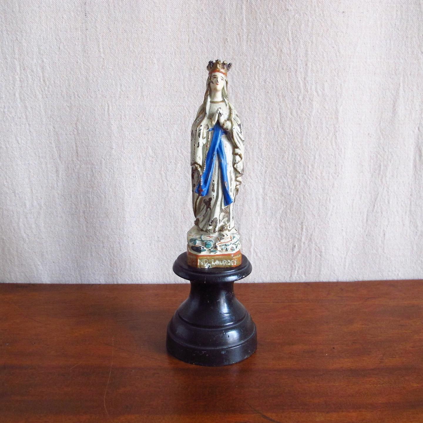 Polychrome over Spelter Madonna “Our Lady of Lourdes” Souvenir with Wooden Plinth, c. 1890 1900