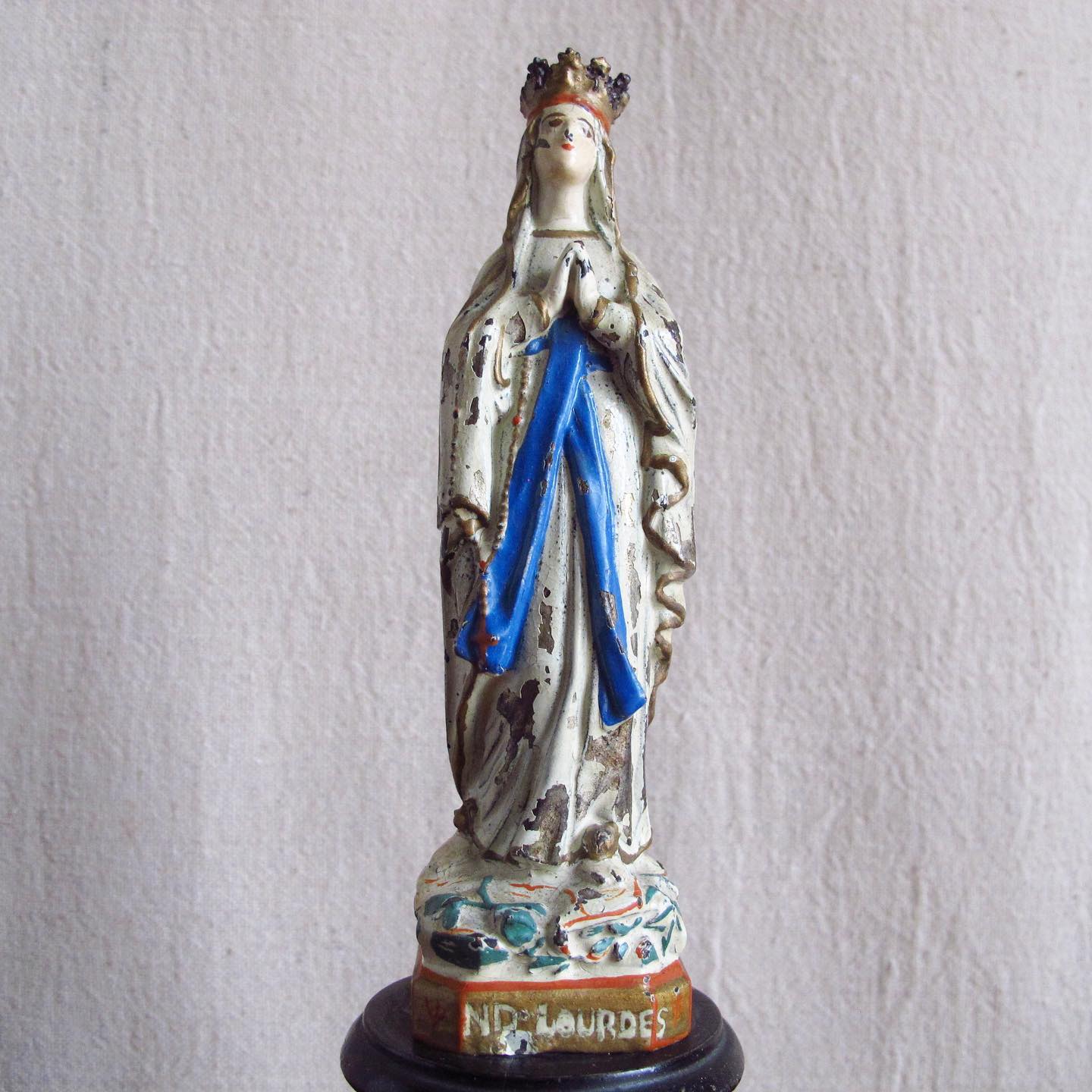 Polychrome over Spelter Madonna “Our Lady of Lourdes” Souvenir with Wooden Plinth, c. 1890 1900