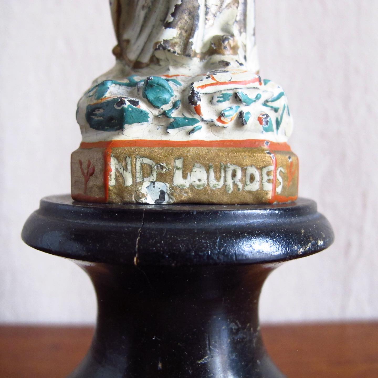 Polychrome over Spelter Madonna “Our Lady of Lourdes” Souvenir with Wooden Plinth, c. 1890 1900