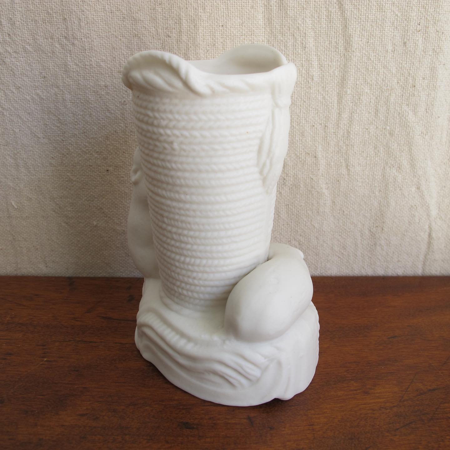 Antique Parian porcelain vase with figural mice, exploring a coil of rope, extremely rare, c. 1860 1870