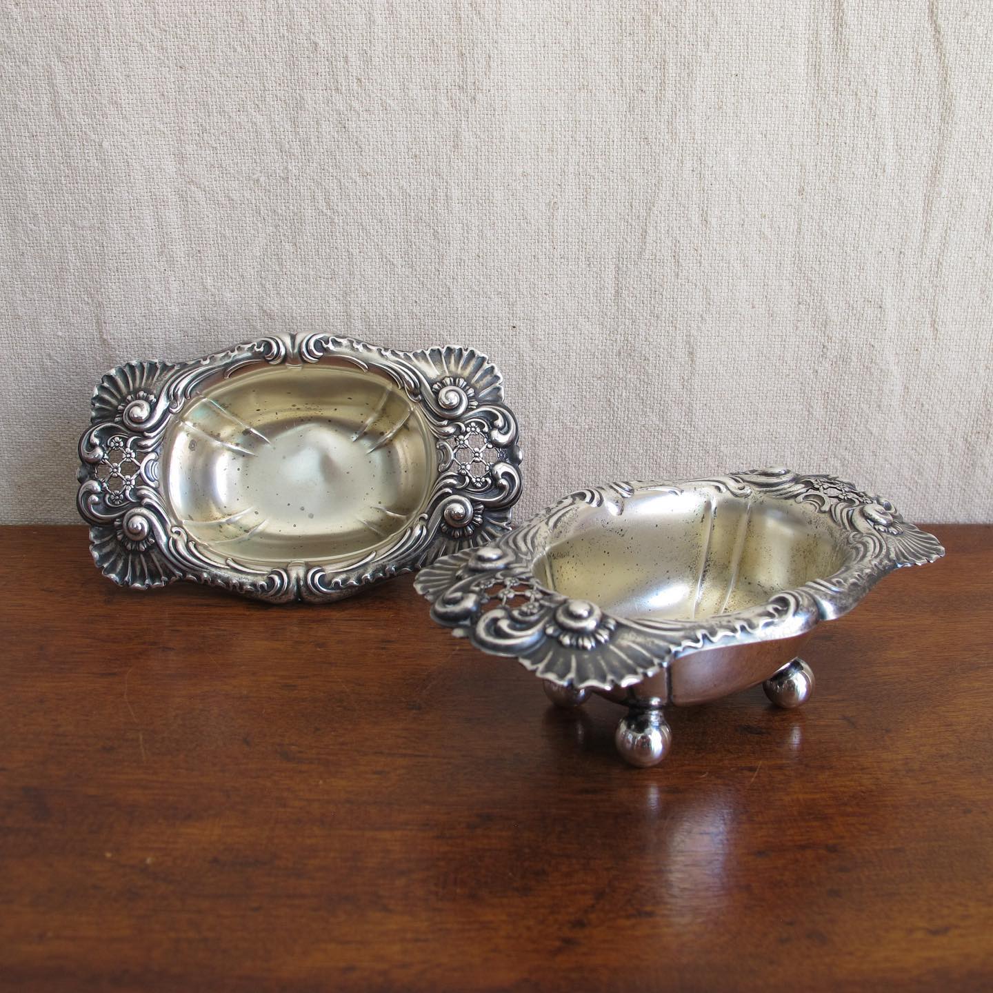 Pair of reticulated sterling silver nut dishes or salt cellars, LARGE, “Dresden” pattern by Whiting, c. 1890 1900