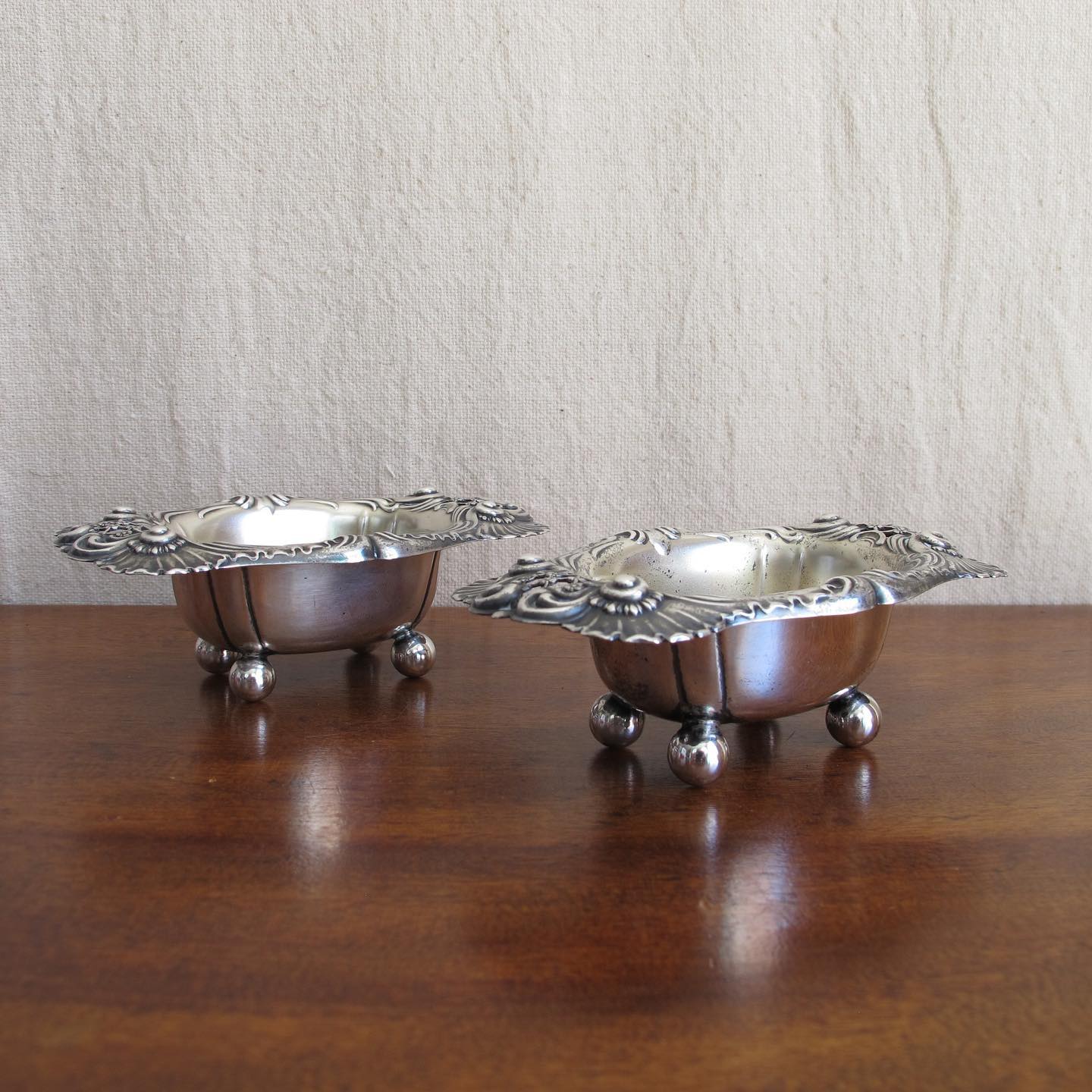 Pair of reticulated sterling silver nut dishes or salt cellars, LARGE, “Dresden” pattern by Whiting, c. 1890 1900