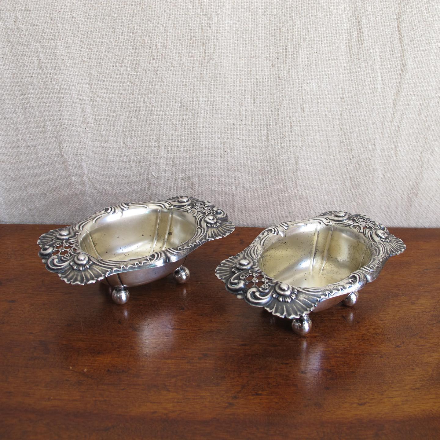 Pair of reticulated sterling silver nut dishes or salt cellars, LARGE, “Dresden” pattern by Whiting, c. 1890 1900