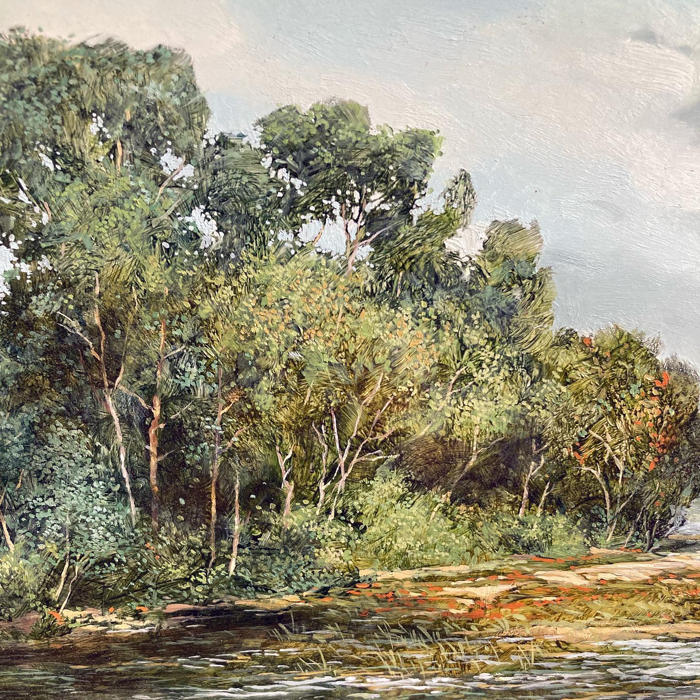 Oil painting on board, “High Water Blackstone River” by Teri Malo