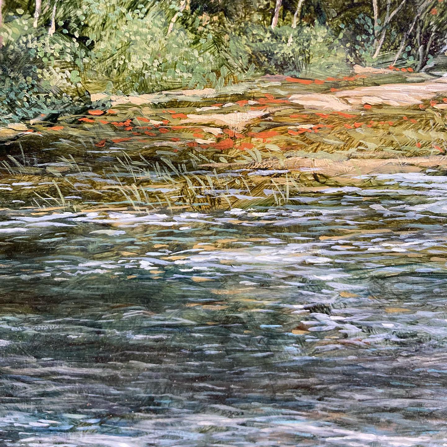 Oil painting on board, “High Water Blackstone River” by Teri Malo