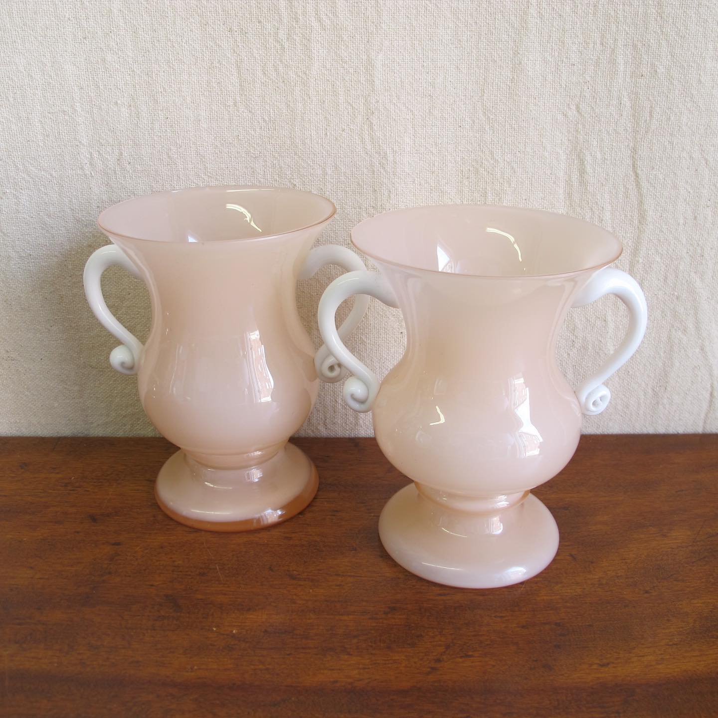 Pair of Czech art glass urn-form vases in shell pink opaline glass, c. 1920 1930