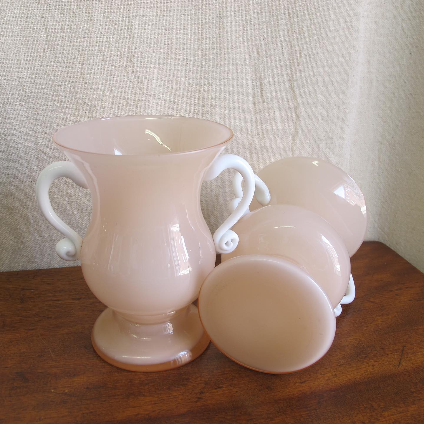 Pair of Czech art glass urn-form vases in shell pink opaline glass, c. 1920 1930
