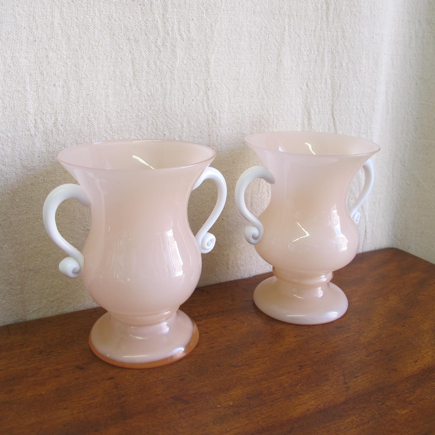 Pair of Czech art glass urn-form vases in shell pink opaline glass, c. 1920 1930