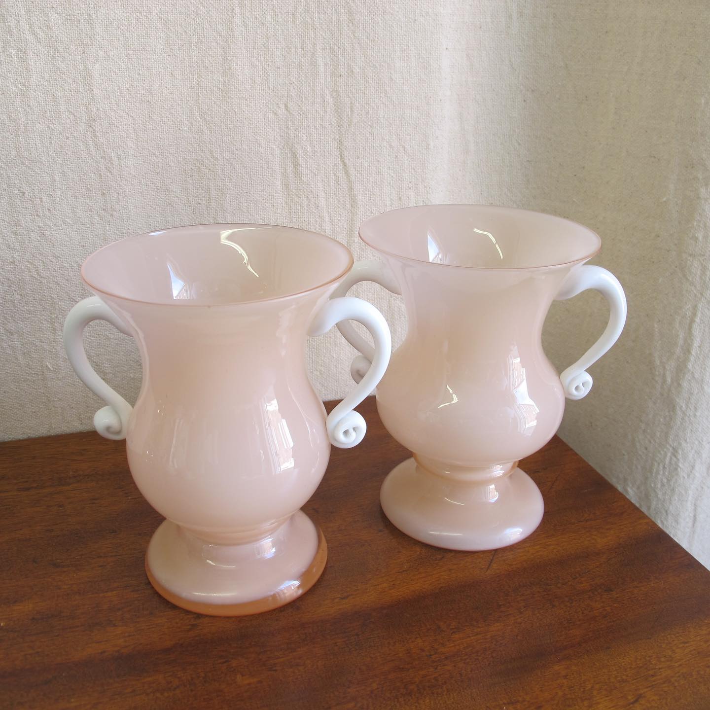 Pair of Czech art glass urn-form vases in shell pink opaline glass, c. 1920 1930