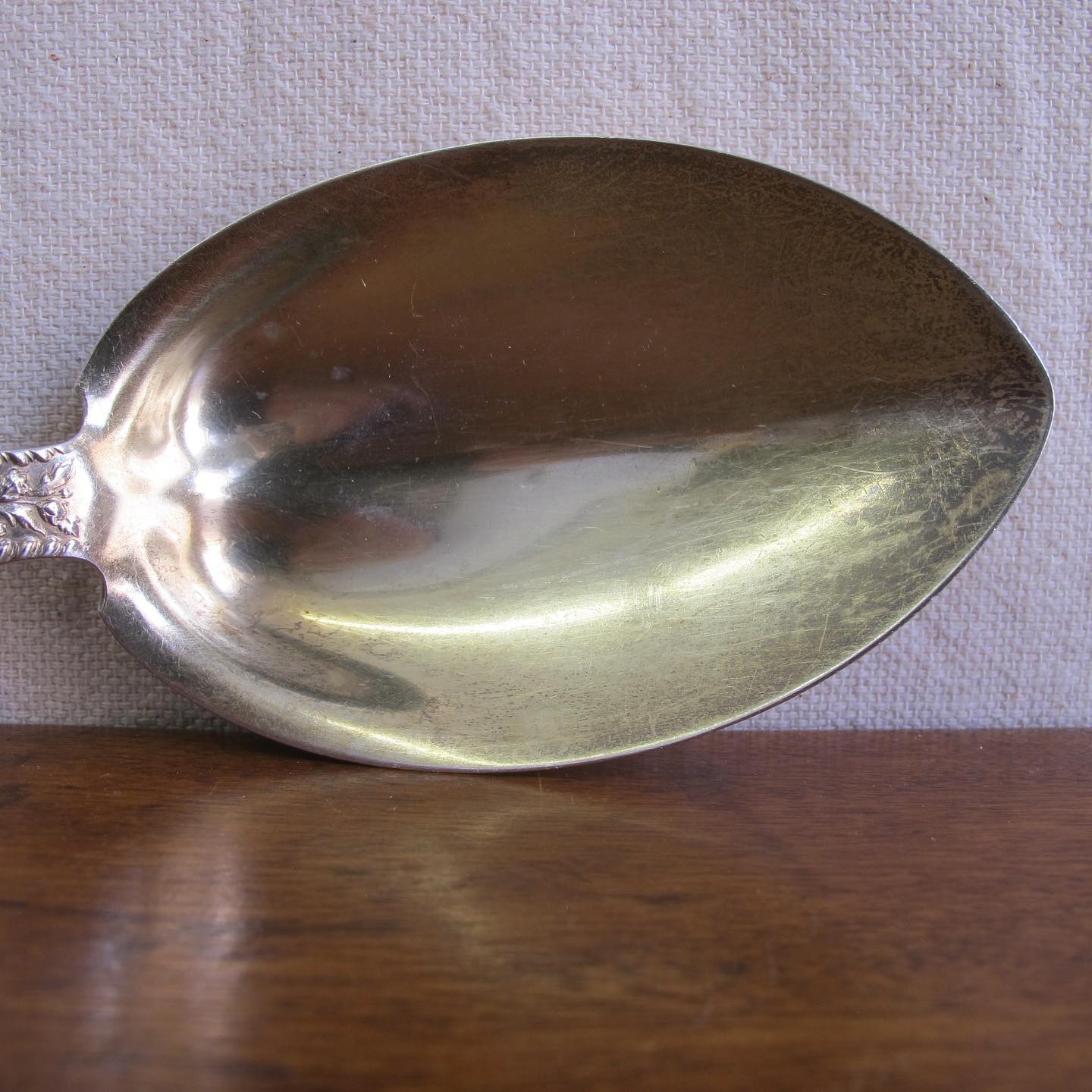 Large Victorian Gorham sterling silver ‘Cambridge’ salad or serving spoon, lobed bowl with remnants of a gold wash, dated 1899