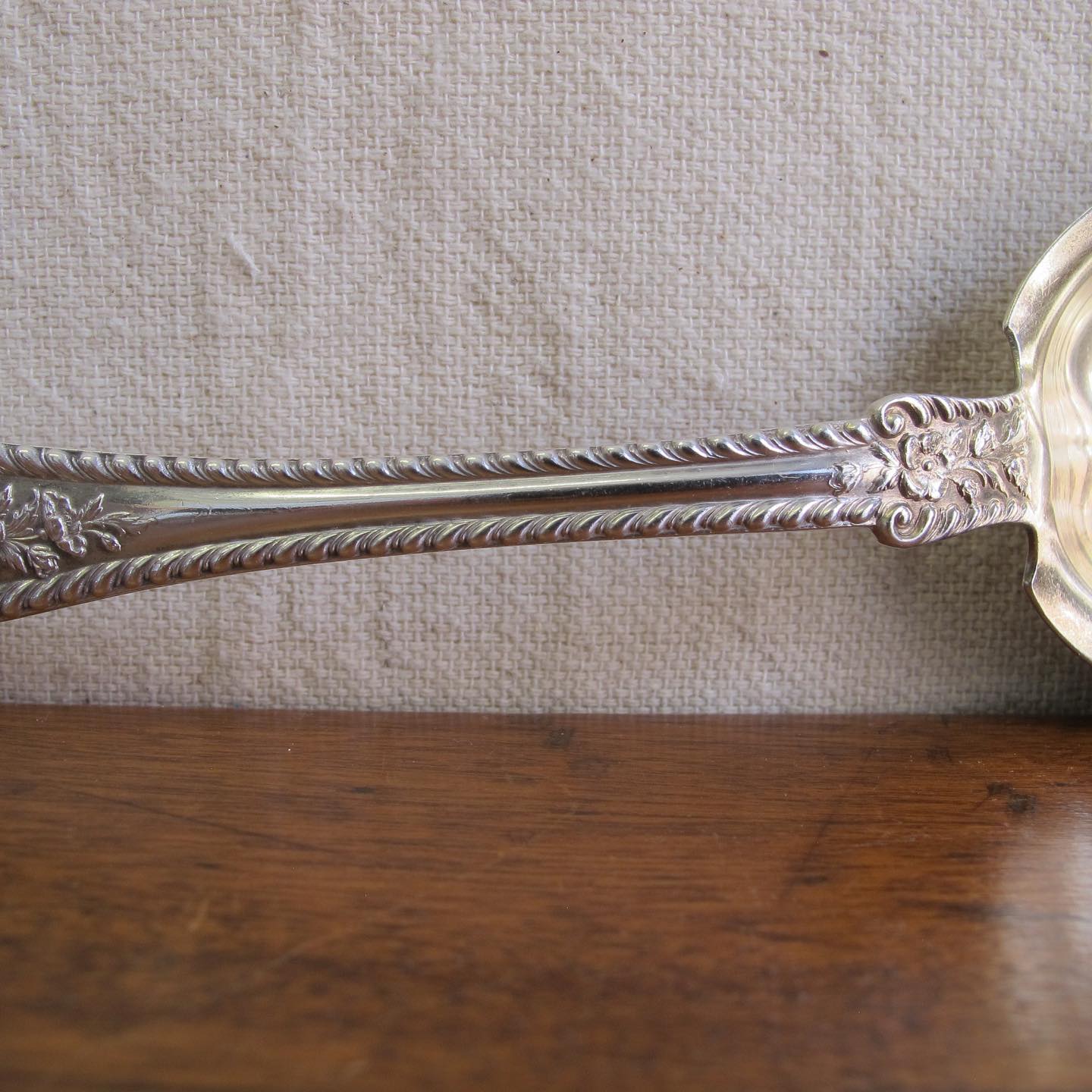 Large Victorian Gorham sterling silver ‘Cambridge’ salad or serving spoon, lobed bowl with remnants of a gold wash, dated 1899