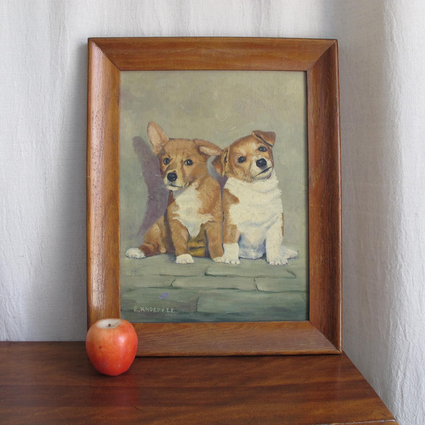 Puppy Dogs Oil on Canvas, one a corgi the other a terrier, artist signed E. KNOEPFLE, c. 1940