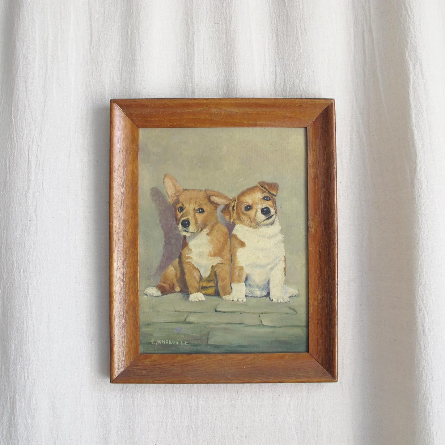 Puppy Dogs Oil on Canvas, one a corgi the other a terrier, artist signed E. KNOEPFLE, c. 1940