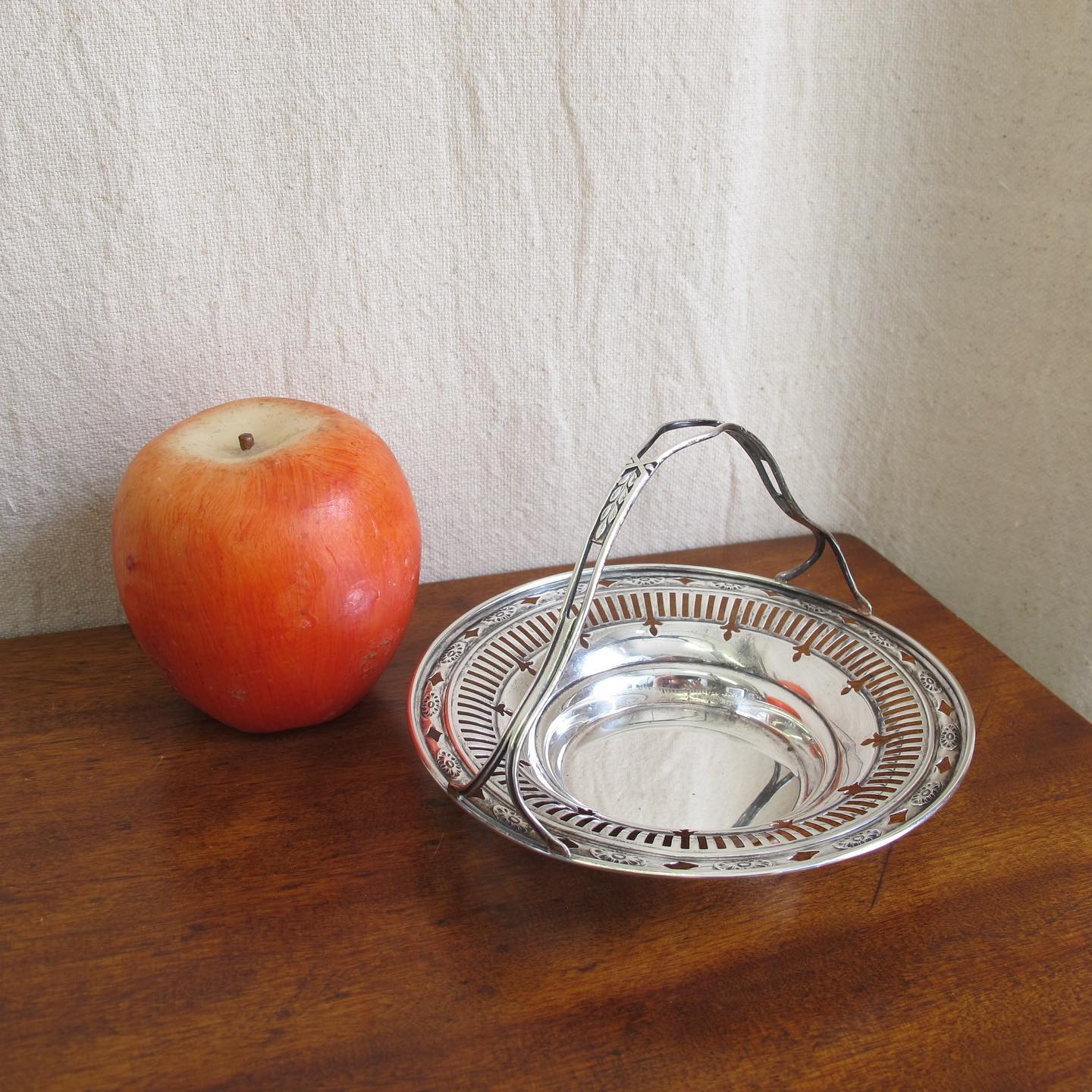 Edwardian sterling silver reticulated nut or candy basket / dish with handle and classical motifs, c. 1900