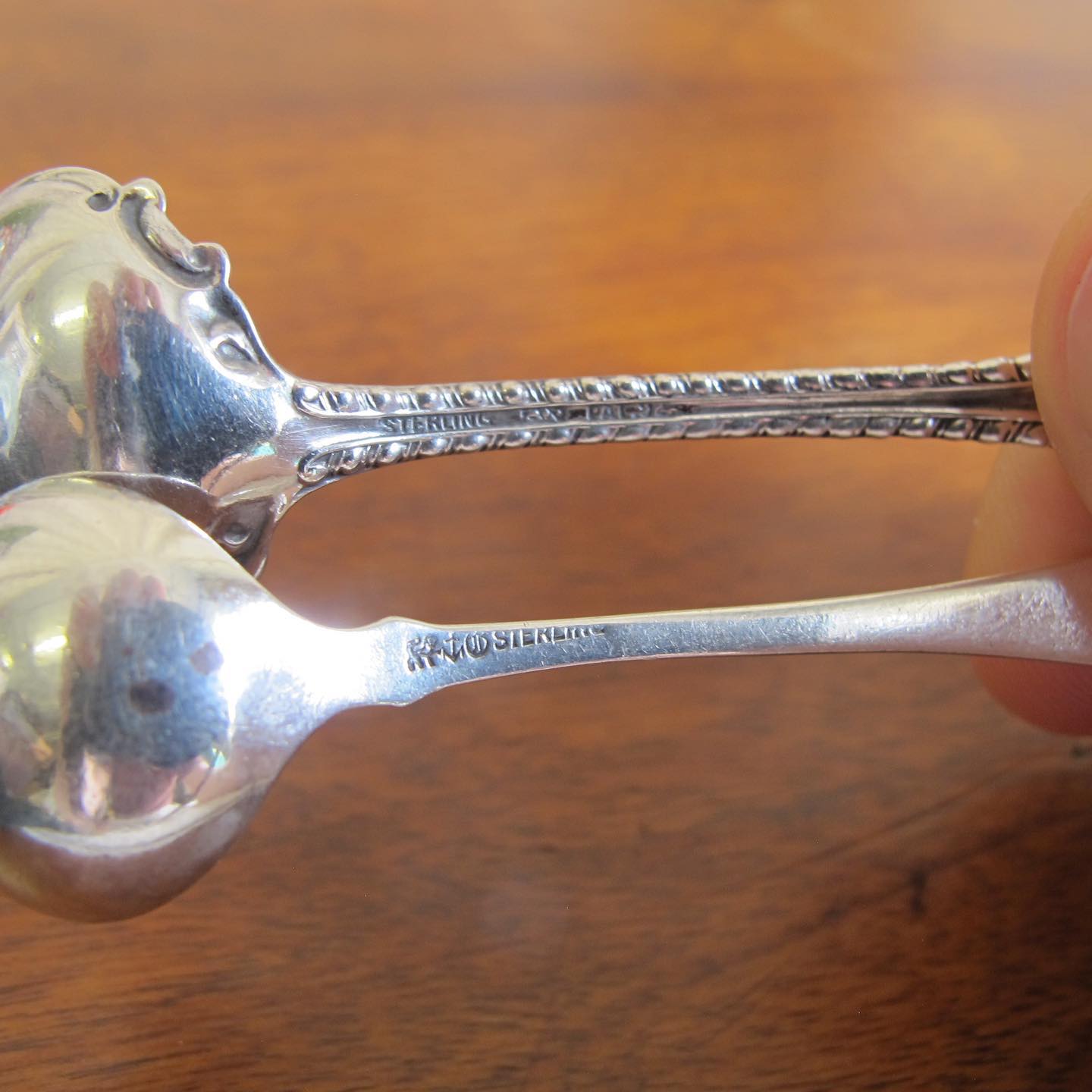 Two Edwardian / Victorian sterling Gorham salt cellar spoons, monogrammed G (I think), c. 1900