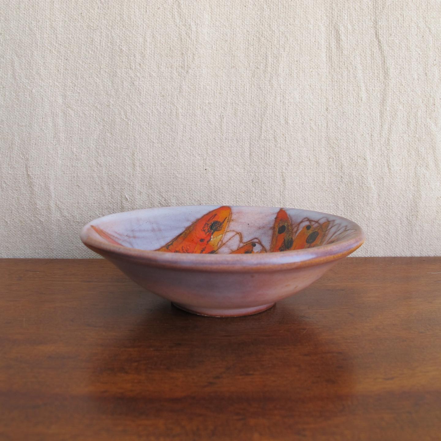 Vallauris French art pottery dish or bowl with goldfish or koi carp in brightly colored orange majolica glazes c. 1950 1960