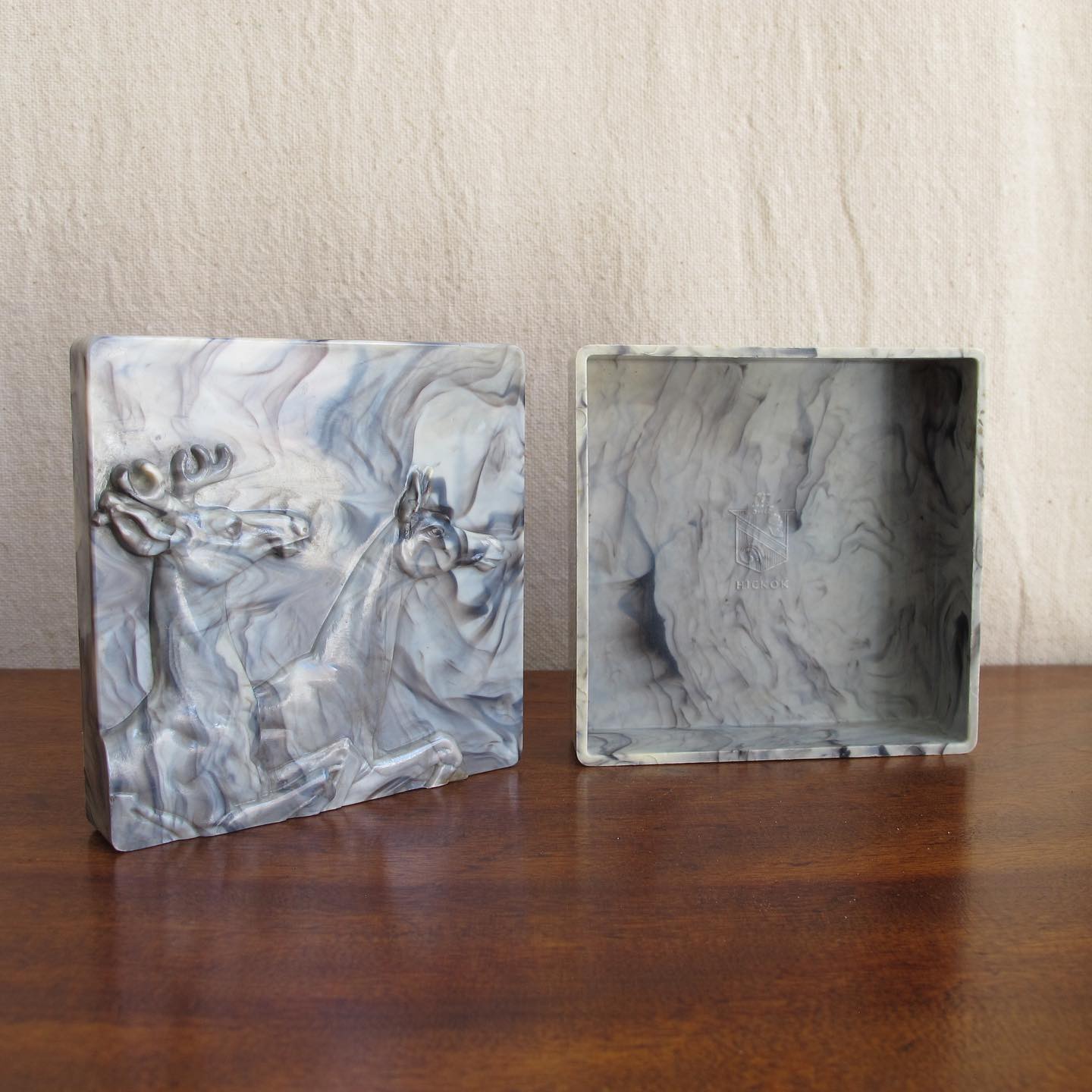 Early marbled celluloid box with relief of deer to the lid by Hickok, c. 1940s