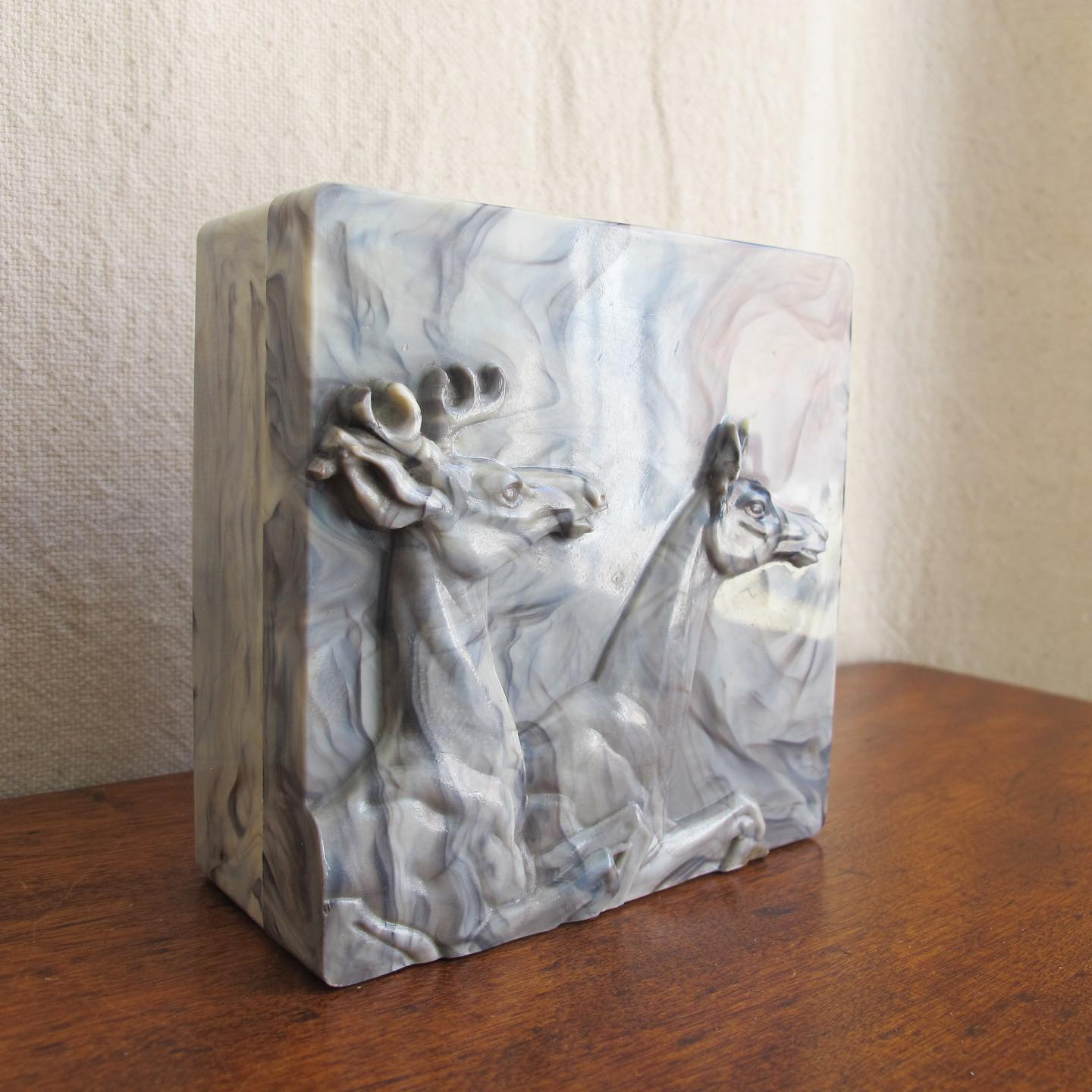 Early marbled celluloid box with relief of deer to the lid by Hickok, c. 1940s