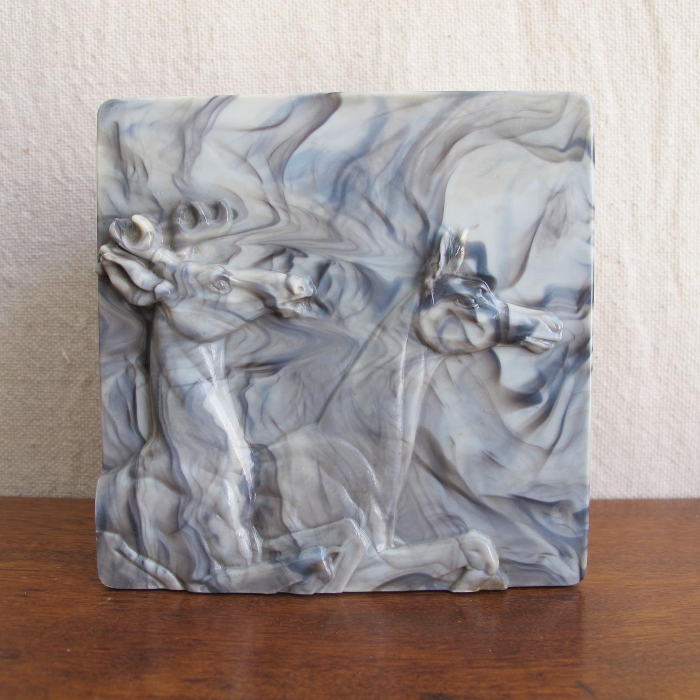 Early marbled celluloid box with relief of deer to the lid by Hickok, c. 1940s