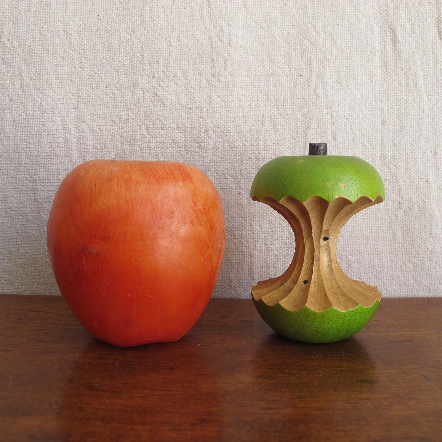 Wooden eaten green apple, masterfully carved, c. 1970 treen