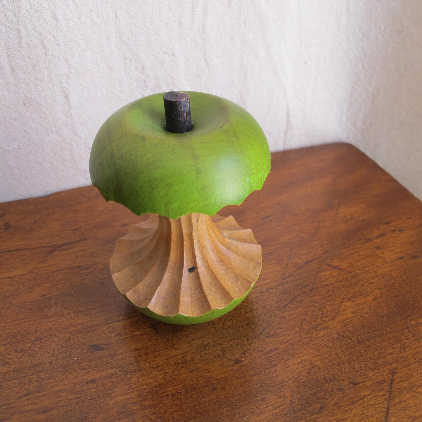 Wooden eaten green apple, masterfully carved, c. 1970 treen