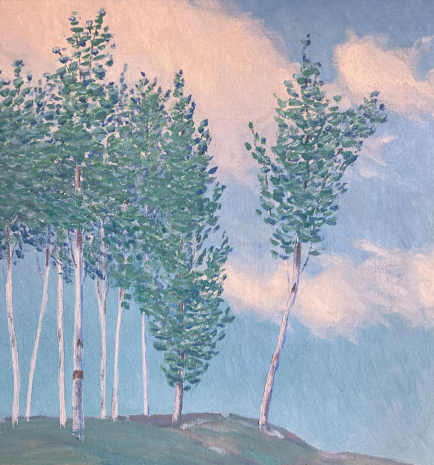 American Impressionist oil on canvas painting of trees on a ridge, possibly New Hampshire, c. 1910