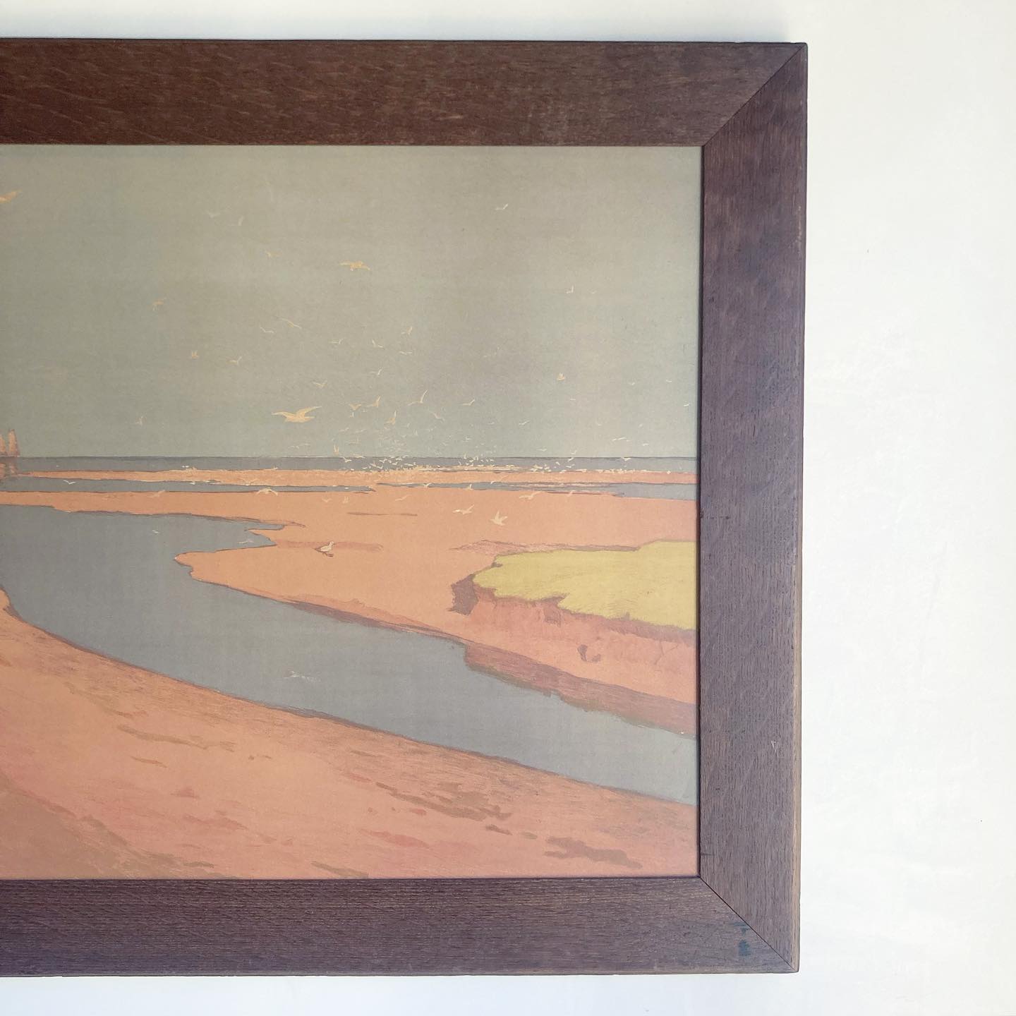 Carl Otto Matthaei seascape framed in original high Arts and Crafts / Mission oak, c. 1910 chromolithograph in iridescent inks