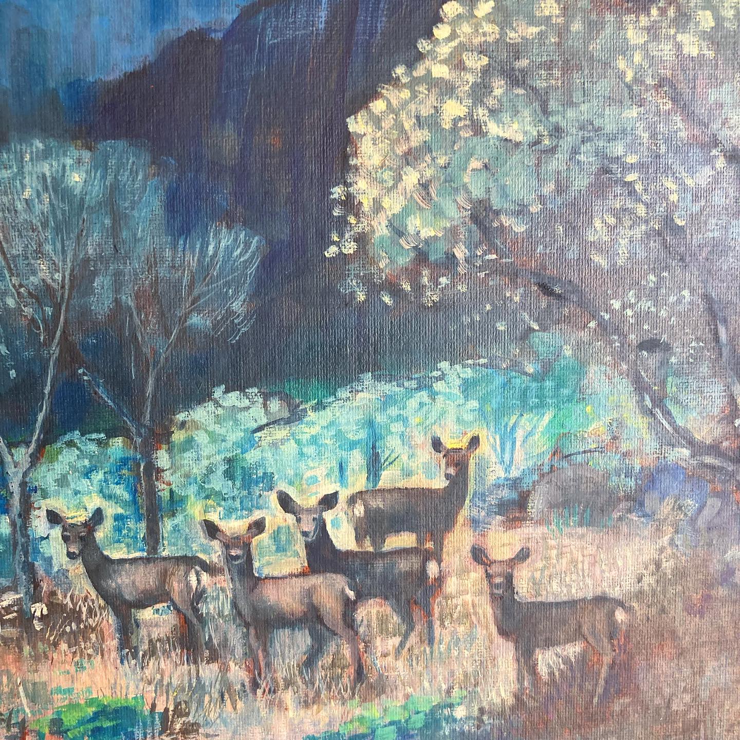 Western American art oil on canvasboard canyon scene with mountain range and a herd of deer at twilight, by Johnson, dated 1967