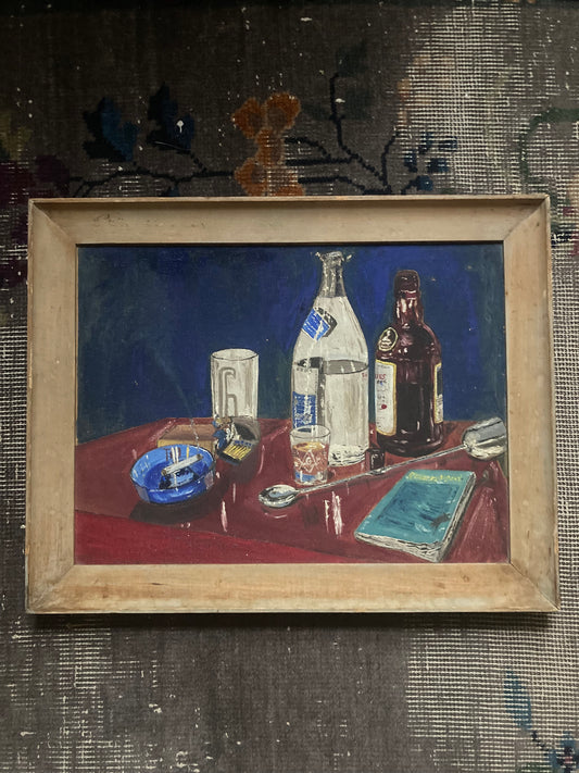 Still Life Painting Naive 1950s Smoking Cigarette with Liquor Bottles and Dogeared Readers Digest and Masonic Symbols