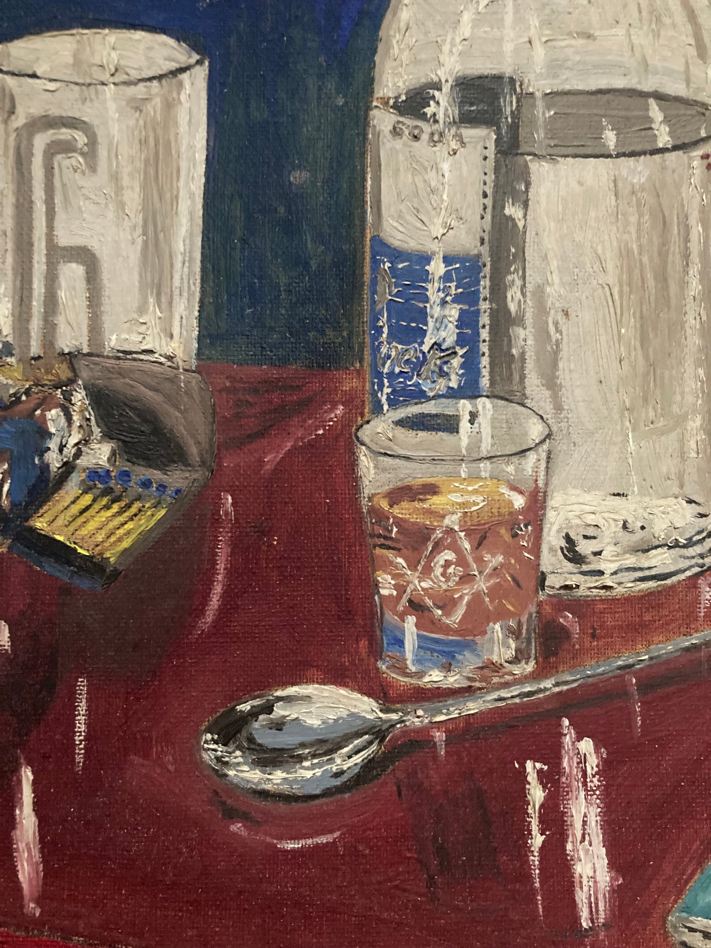 Still Life Painting Naive 1950s Smoking Cigarette with Liquor Bottles and Dogeared Readers Digest and Masonic Symbols